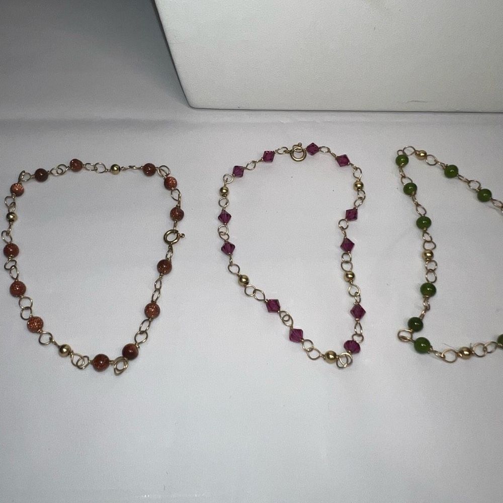 Set of Three Dainty Gold Tone and Gem Bead and Bead Bracelets